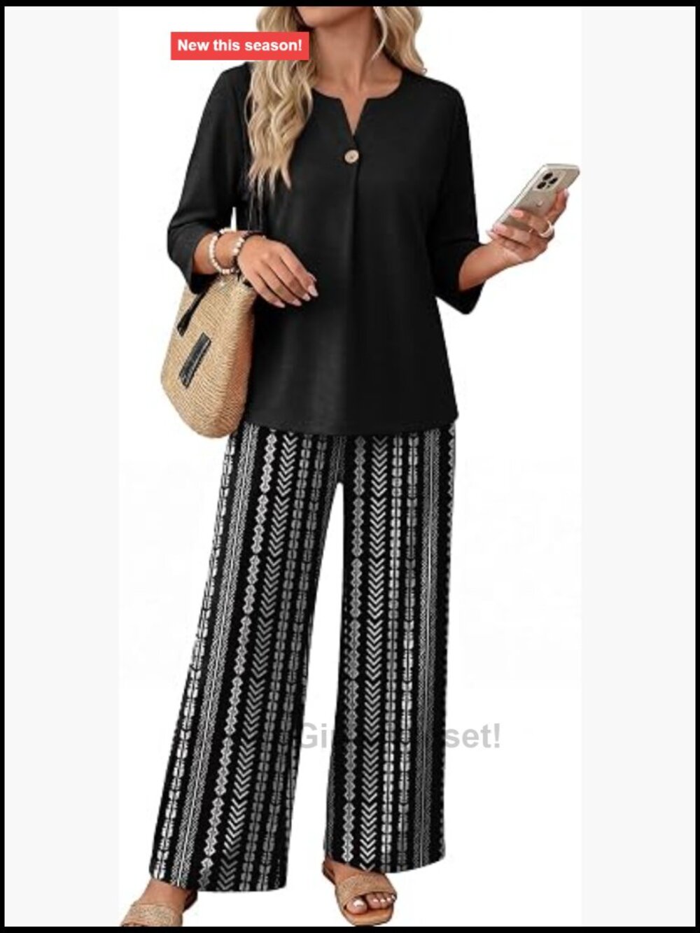Two Piece Lounge Set 3/4 Sleeve Wide Leg Pants Womens Size L